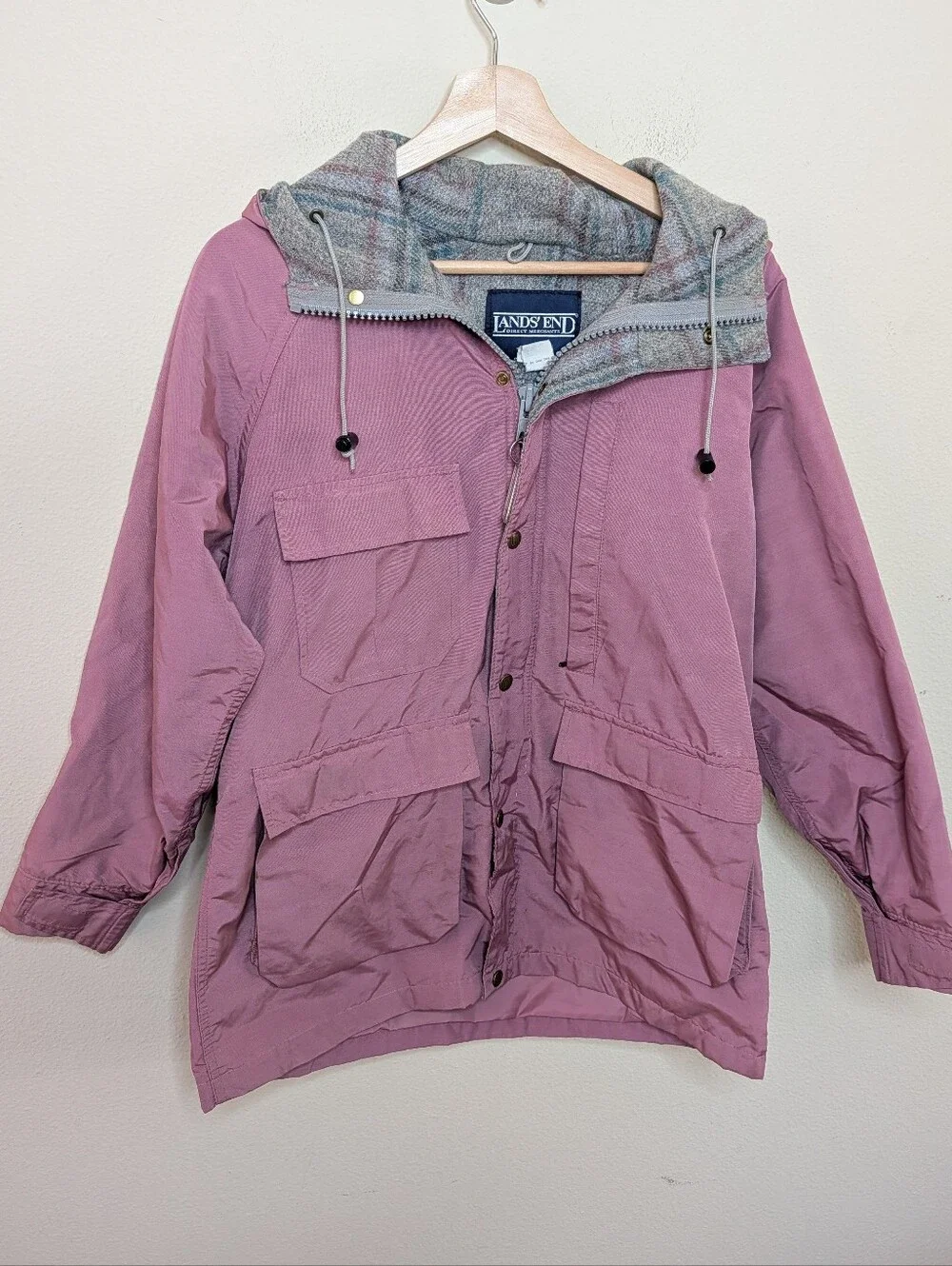 Vintage Lands' End Parka Mauve Pink Plaid Wool Lined Hooded Jacket M